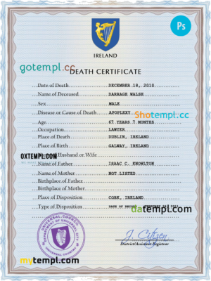 editable template, Ireland vital record death certificate PSD template, completely editable
