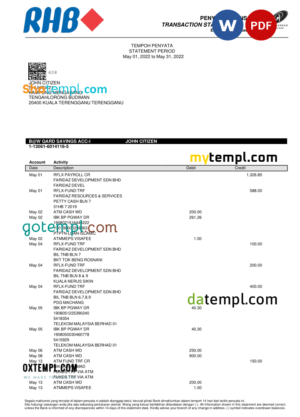 editable template, Malaysia Islamic RHB bank statement, Word and PDF template