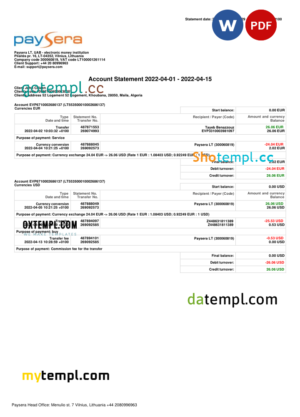 editable template, Lithuania Paysera account statement, Word and PDF template