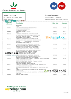 editable template, Morocco Credit Agricole bank statement Word and PDF template