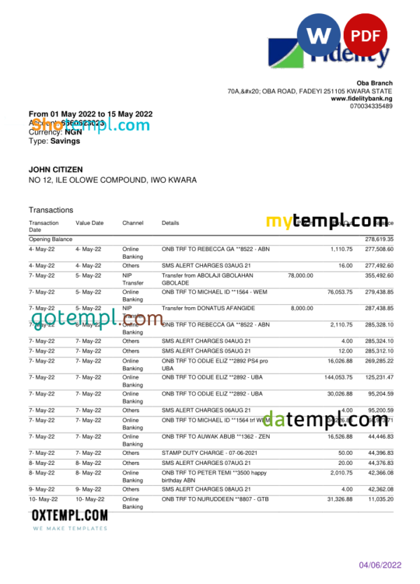editable template, Nigeria Fidelity bank statement, Word and PDF template