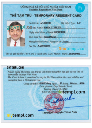 editable template, Vietnam residence card PSD template, completely editable