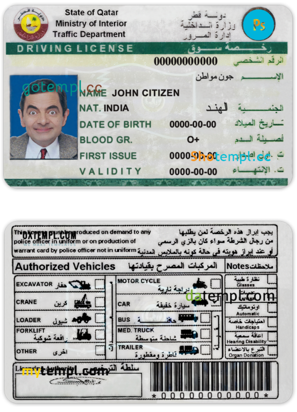 editable template, Qatar driving license PSD template, completely editable