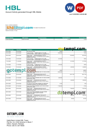 editable template, Pakistan HBL bank statement, Word and PDF template