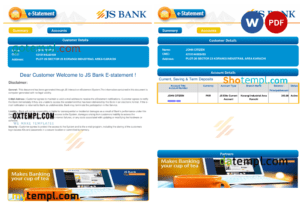 editable template, Pakistan JS bank e-statement, Word and PDF template, 3 pages