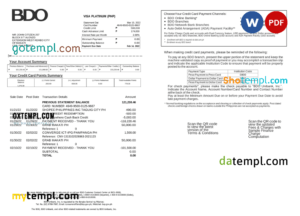 editable template, Philippines BDO bank credit card statement, Word and PDF template, 2 pages