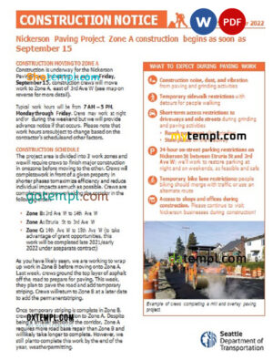 editable template, USA Washington Seattle Construction Notice, Word and PDF template, 2 pages