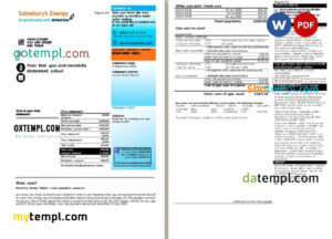 editable template, United Kingdom Sainsbury&#039;s Energy (British Gas) bill, Word and PDF template, 3 pages