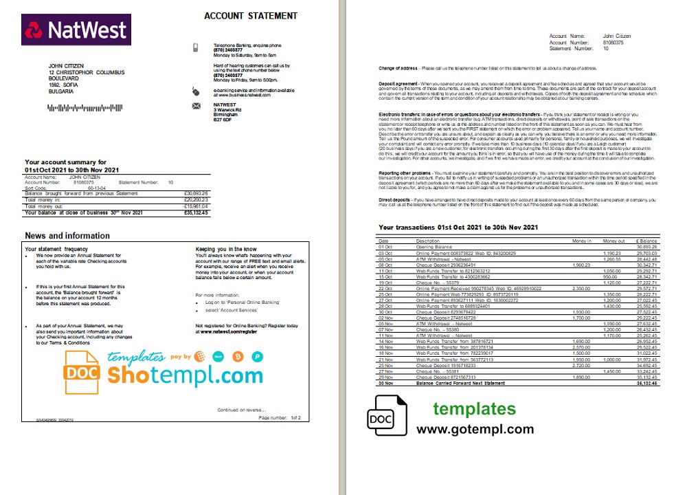 editable template, UK NatWest bank statement, Word and PDF template, 2 pages, version 2