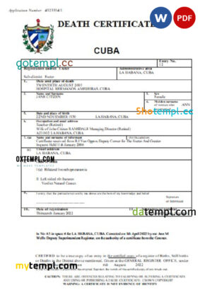 editable template, Cuba death certificate Word and PDF template, completely editable
