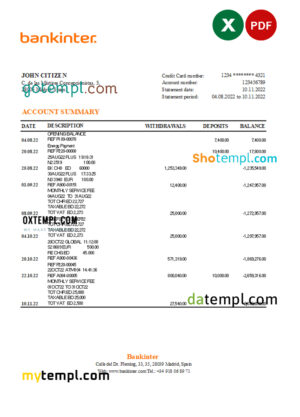 editable template, Spain Bankinter bank statement, Excel and PDF template