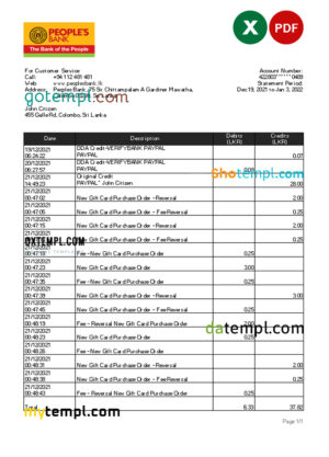 editable template, Sri Lanka People&#039;s Bank statement, Excel and PDF template