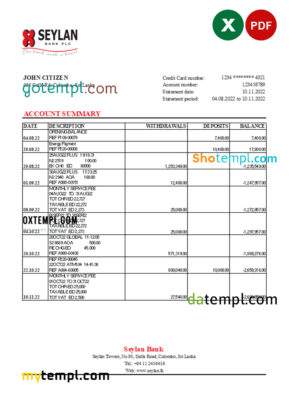 editable template, Sri Lanka Seylan bank statement, Excel and PDF template