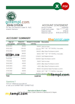 editable template, Sudan Agricultural Bank of Sudan bank statement, Excel and PDF template