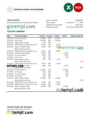 editable template, Suriname Centrale Bank Van Suriname bank statement, Excel and PDF template