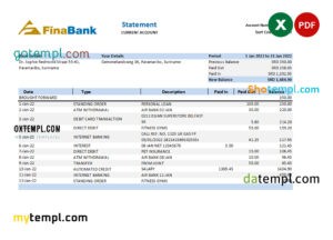 editable template, Suriname Finabank bank statement, Excel and PDF template