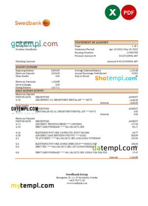 editable template, Sweden Swedbank bank statement, Excel and PDF template