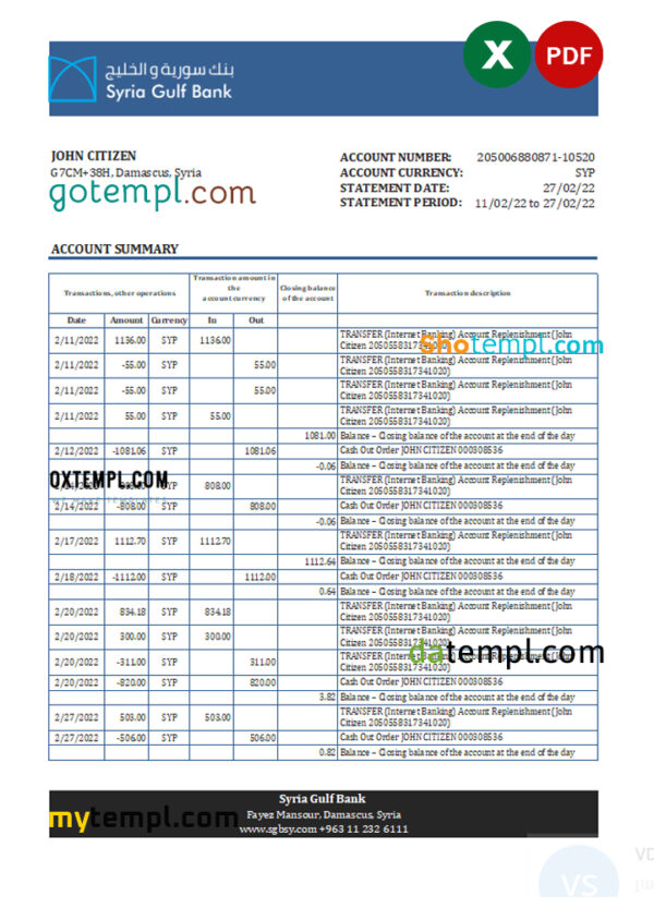 editable template, Syria Gulf bank statement, Excel and PDF template