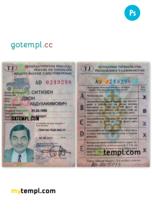 editable template, TAJIKISTAN driving license PSD template, fully editable