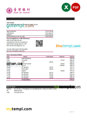 editable template, Taiwan Bank of Taiwan bank statement, Excel and PDF template
