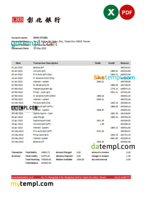 editable template, Taiwan Chang Hwa Bank statement, Excel and PDF template