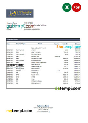 editable template, Tajikistan Spitamen Bank statement, Excel and PDF template