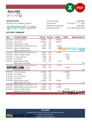 editable template, Tanzania BancABC bank statement, Excel and PDF template