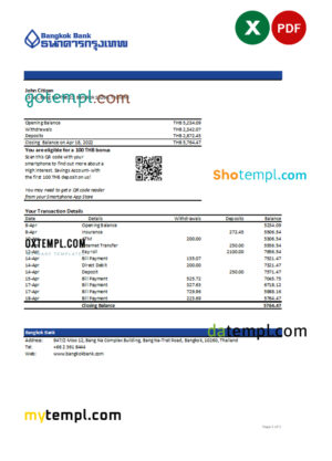 editable template, Thailand Bangkok bank statement, Excel and PDF template