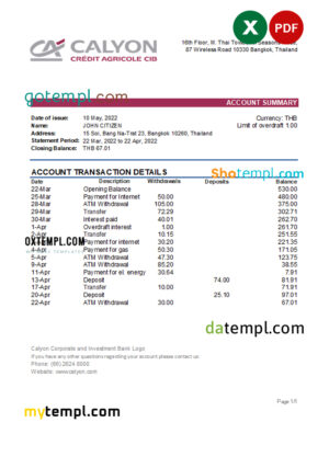 editable template, Thailand Calyon bank statement, Excel and PDF template