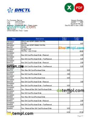 editable template, Timor-Leste BNCTL bank statement, Excel and PDF template