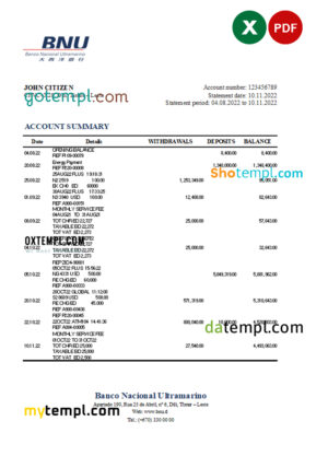 editable template, Timor-Leste BNU bank statement, Excel and PDF template