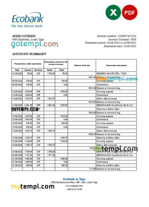 editable template, Togo Ecobank bank statement, Excel and PDF template