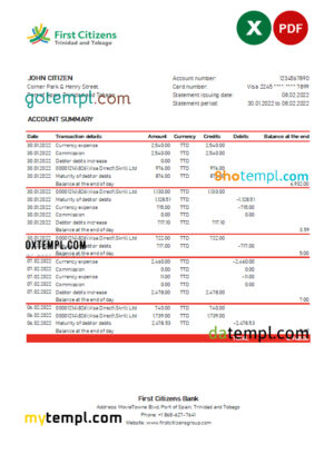 editable template, Trinidad and Tobago First Citizens bank statement, Excel and PDF template