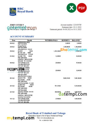 editable template, Trinidad and Tobago Royal bank statement, Excel and PDF template