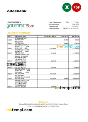 editable template, Turkey Odeabank bank statement, Excel and PDF template