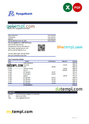 editable template, Turkmenistan Rysgal bank statement, Excel and PDF template