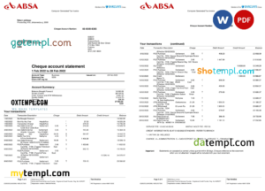editable template, United Kingdom Absa bank statement, Word and PDF template, 2 pages