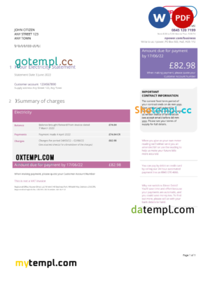 editable template, United Kingdom Npower utility bill, Word and PDF template