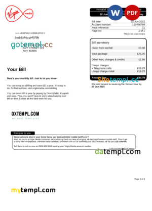 editable template, United Kingdom Virgin Media utility bill, Word and PDF template