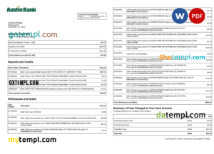 editable template, USA Austin bank statement, Word and PDF template, 2 pages