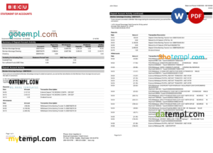 editable template, USA BECU bank statement, Word and PDF template, 4 pages
