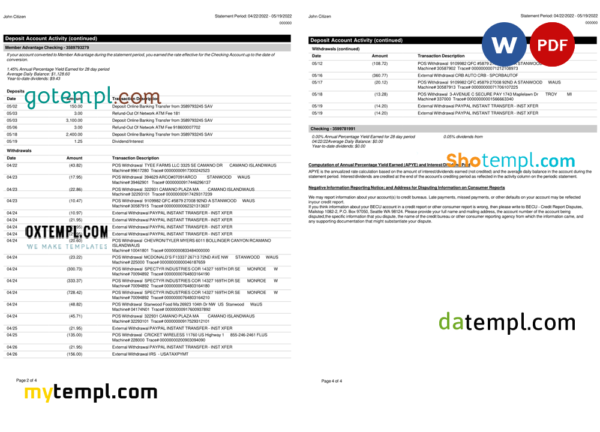 editable template, USA BECU bank statement, Word and PDF template, 4 pages