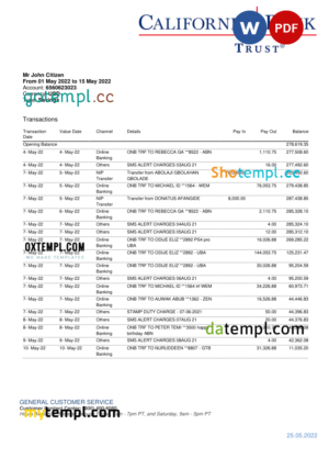 editable template, USA California Bank Trust bank statement, Word and PDF template