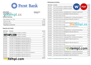 editable template, USA Frost bank statement, Word and PDF template, 2 pages