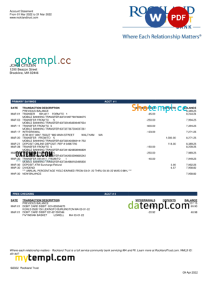 editable template, USA Massachusetts Rockland Trust bank statement Word and PDF template