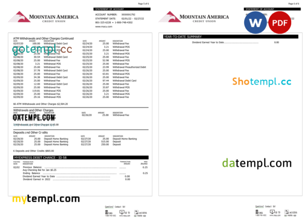 editable template, USA Mountain America Credit Union bank statement, Word and PDF template, 6 pages