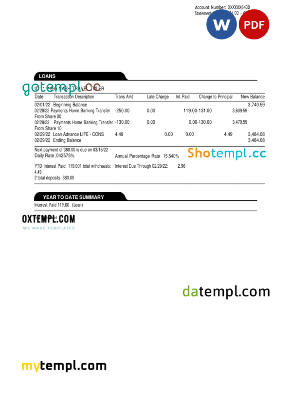 editable template, USA Oregon Rogue bank statement, Word and PDF template, 3 pages