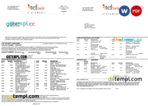 editable template, USA TCF bank statement, Word and PDF template, 3 pages