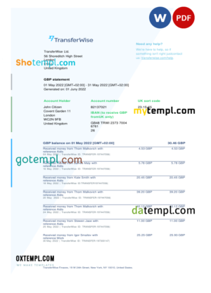editable template, USA TransferWise Finances statement, Word and PDF template