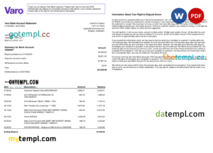 editable template, USA Varo bank statement, Word and PDF template, 2 pages, version 2